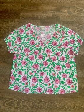 J. Crew Pink Floral V-Neck Short Sleeve Top